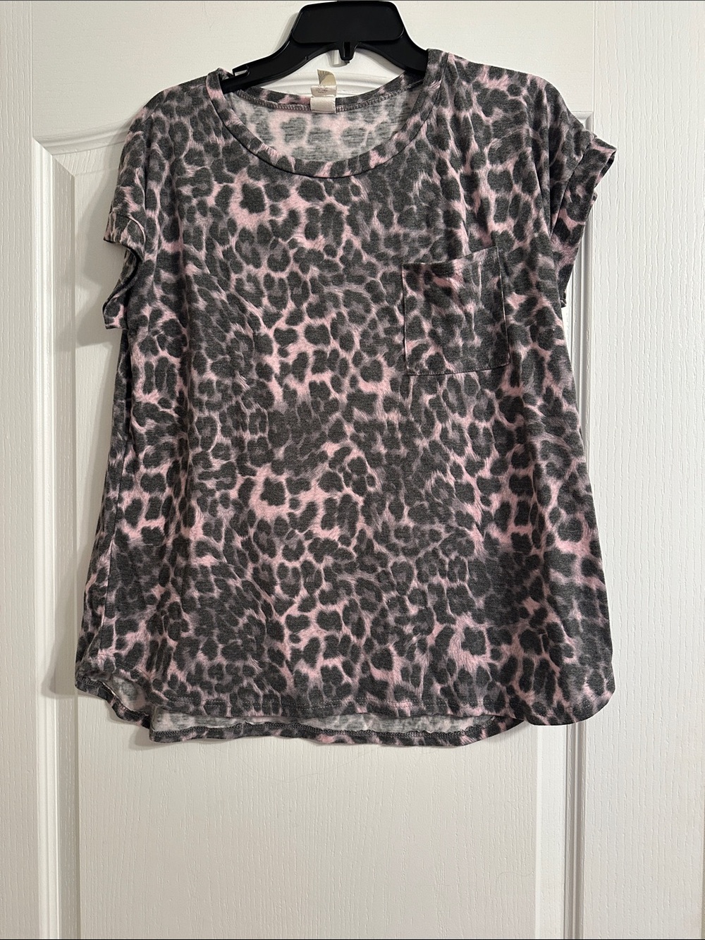 Flamingo Pink and Gray Leopard Print Pocket Tee